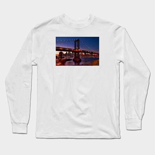 The Brooklyn and Manhattan Bridges at Dusk, USA Long Sleeve T-Shirt by Chris Lord